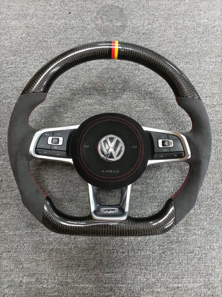 Volante Volkswagen R de Carbono y Alcántara | Doble Achatado Costuras Rojas Mandos Multifunción y Airbag