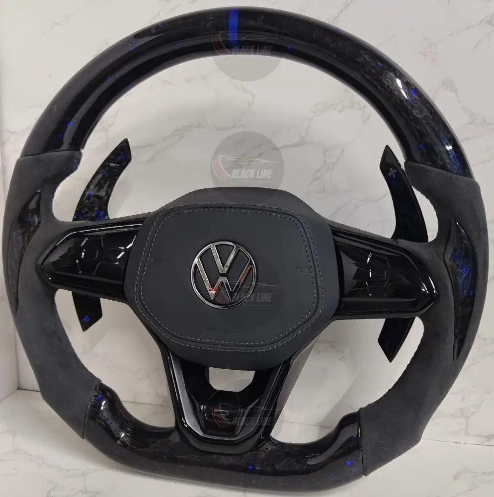 Volante Volkswagen R Deportivo en Carbono Forjado con Detalles Azules y Alcántara Gris | Levas de Carbono Mandos