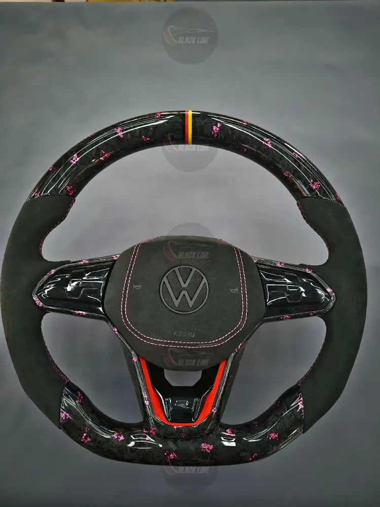 Volante Volkswagen R Deportivo en Carbono Forjado con Detalles Rosas y Alcántara Negra | Mandos Táctiles Fondo Plano y