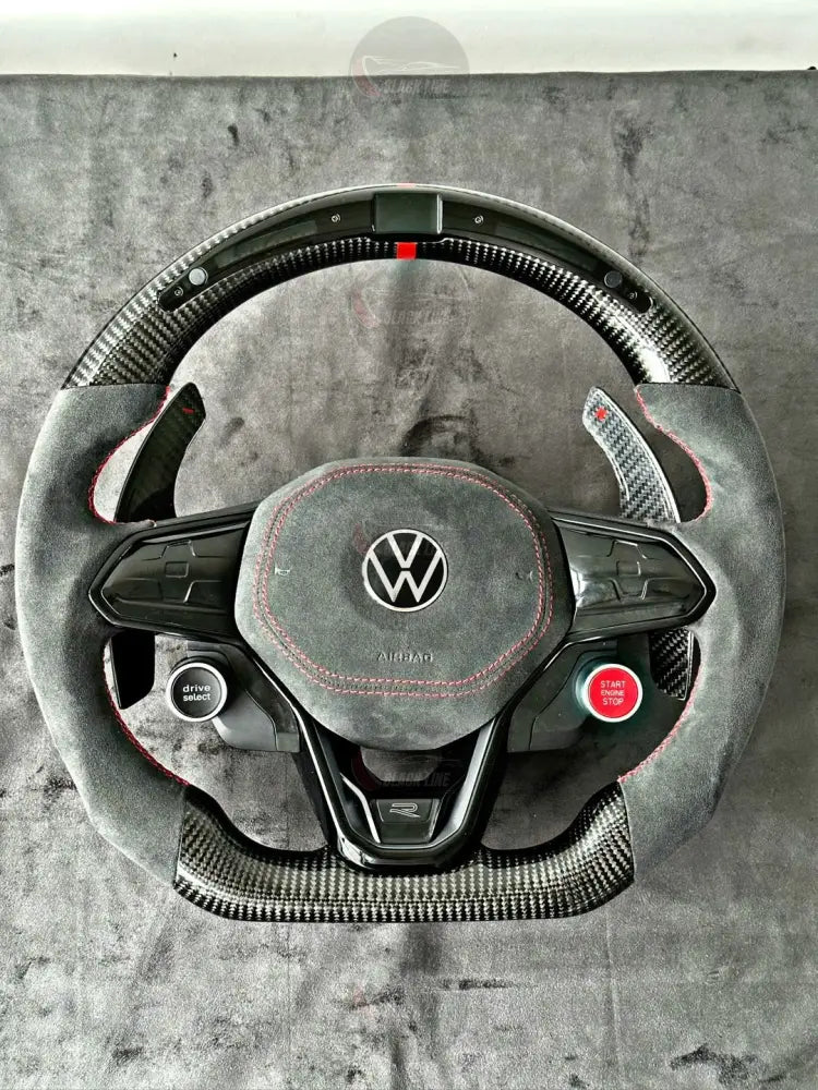 Volante Volkswagen R Deportivo en Carbono y Alcántara Gris con Pantalla LED | Levas de Carbono Mandos Táctiles Drive