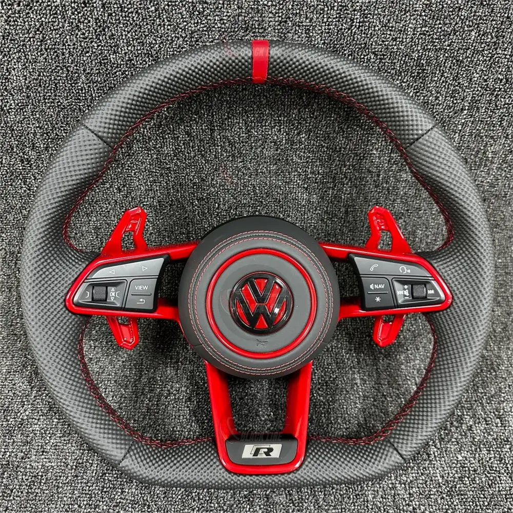 Volante Volkswagen R Deportivo en Cuero Negro Texturizado | Levas Rojas Multifunción Airbag y Marcador Central Rojo