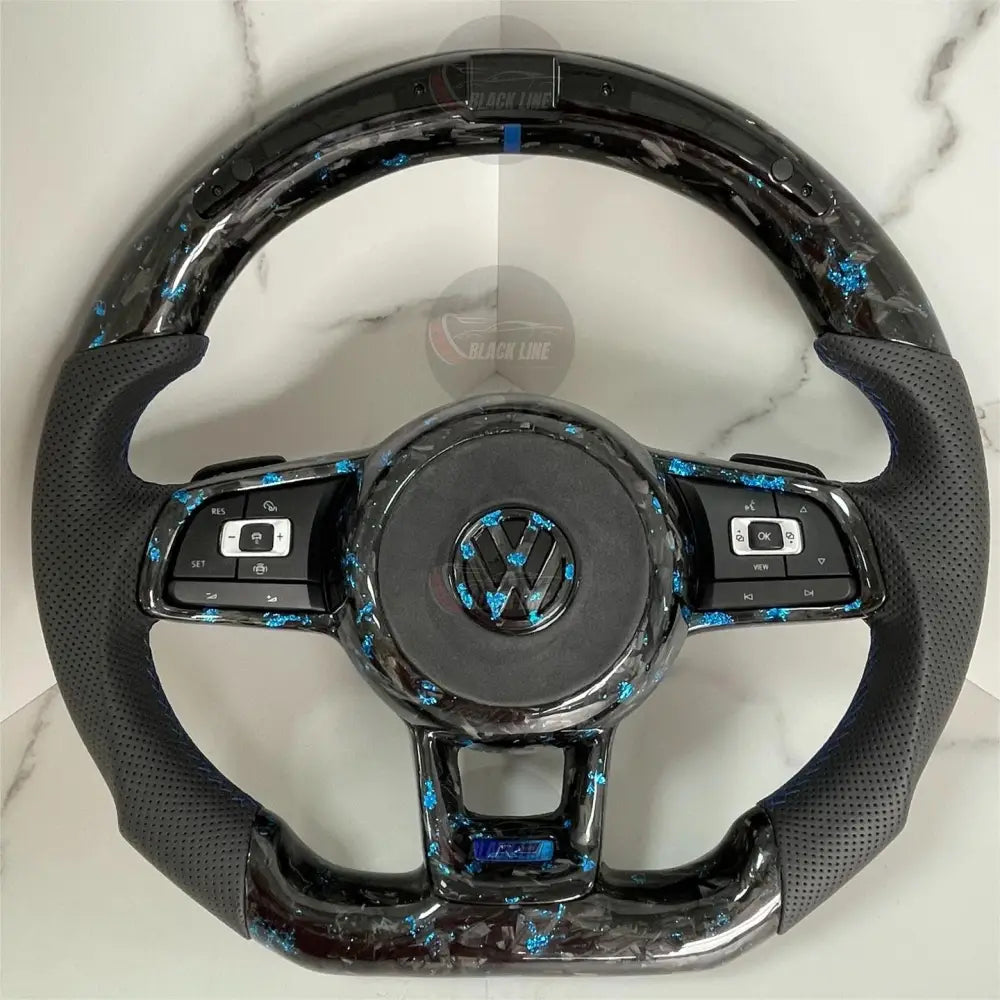 Volante Volkswagen R Deportivo en Fibra de Carbono Forjado con Detalles Azules y Cuero Perforado | Display LED Levas