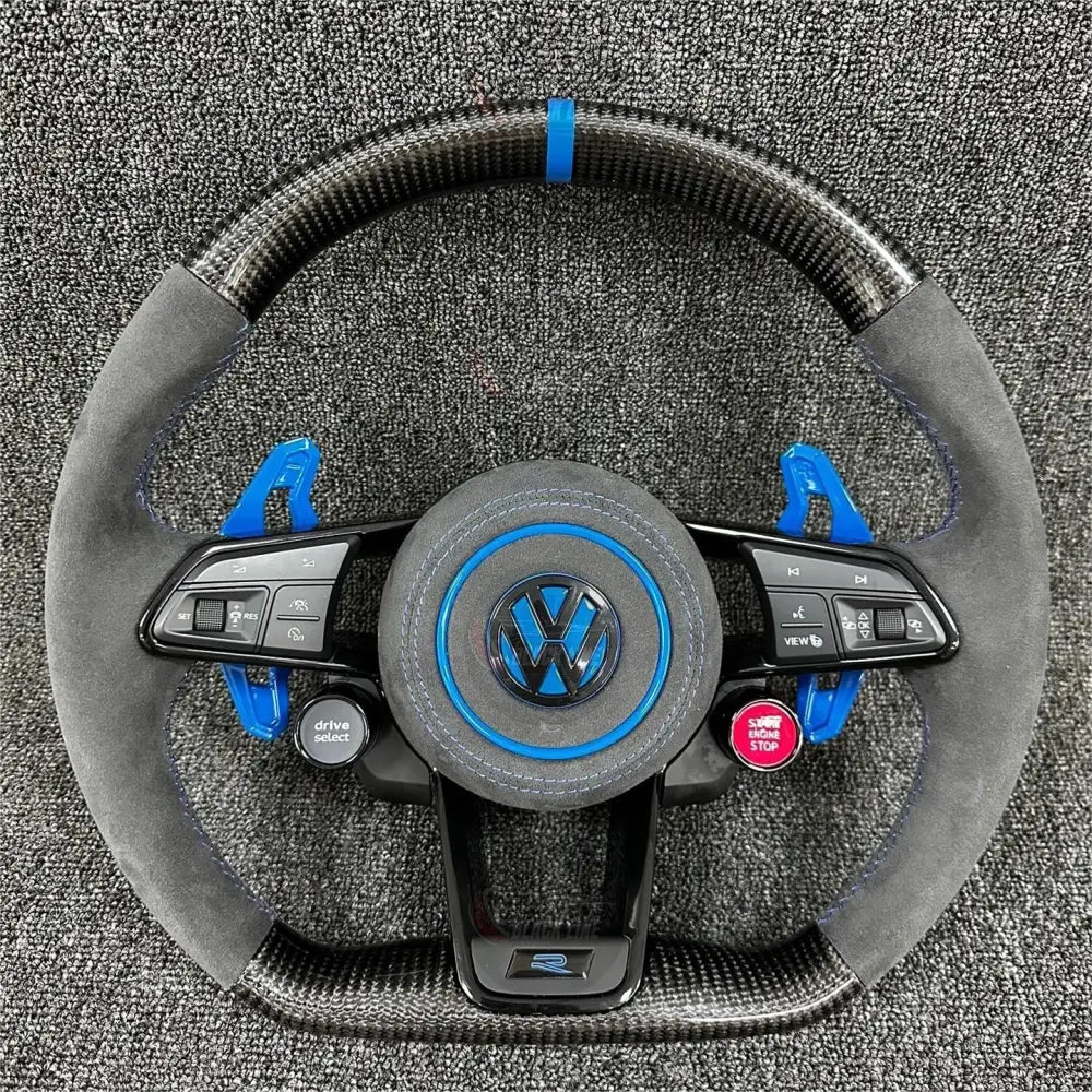 Volante Volkswagen R Deportivo en Fibra de Carbono y Alcántara Gris | Levas Azules Drive Select Start Engine Stop