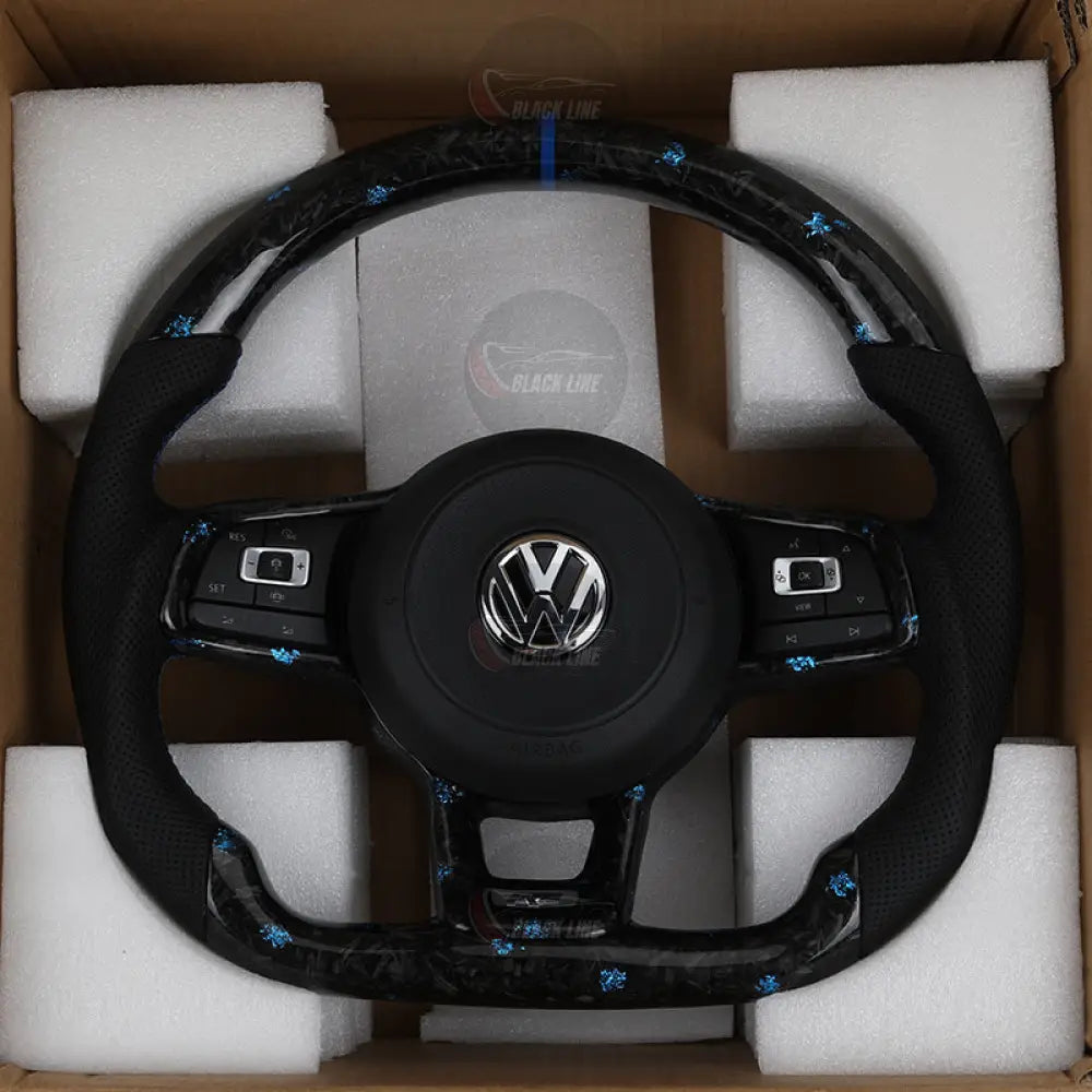 Volante Volkswagen R Performance en Fibra de Carbono Negro con Costuras Azules Levas DSG y Multifunción